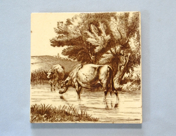 Minton English Transfer Tile Farm Animals Series Cows in a Stream Bungalow Bill Antique
