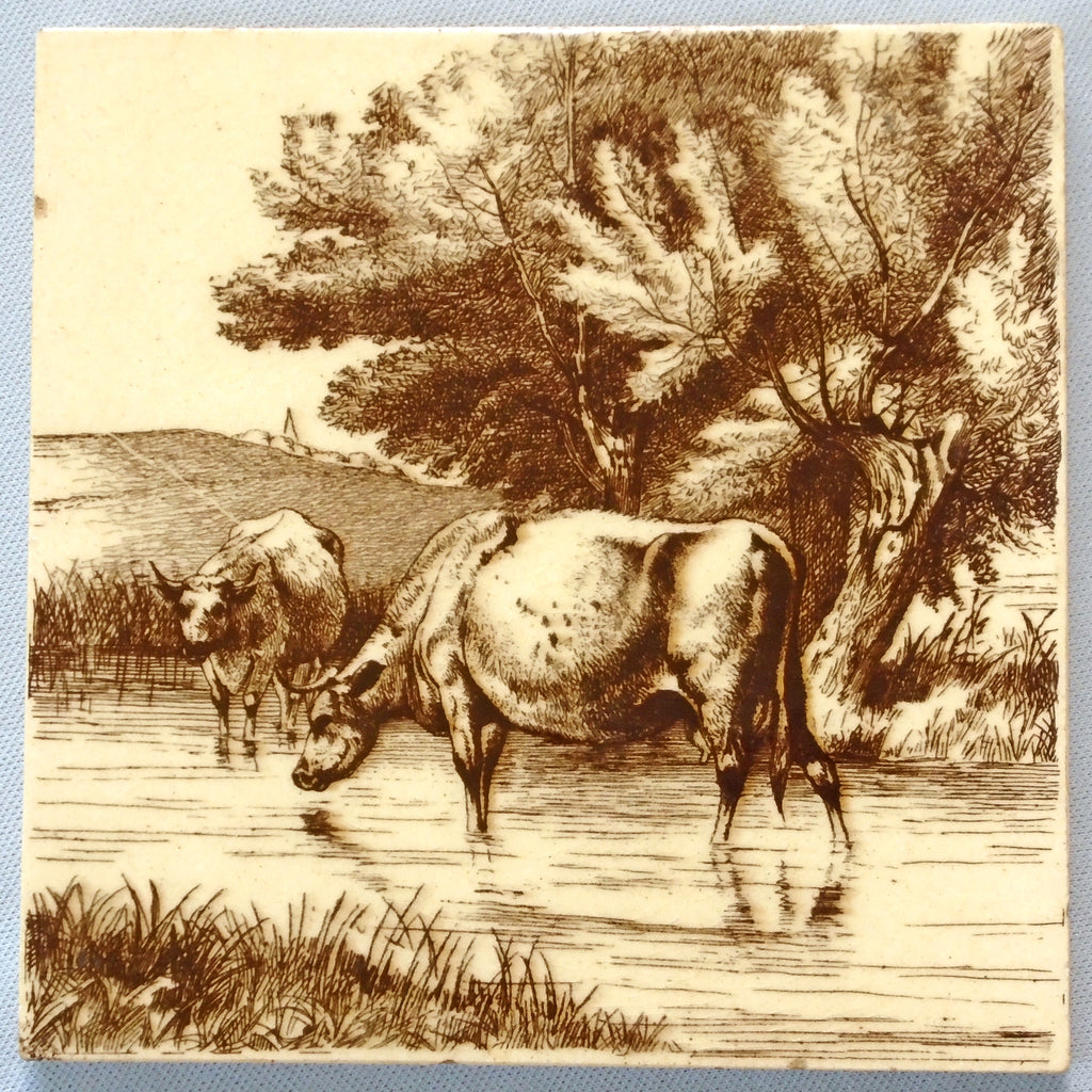 Minton English Transfer Tile Farm Animals Series Cows in a Stream Bungalow Bill Antique