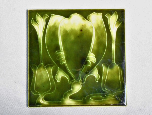 Antique English Art Nouveau Tile Tulips in Green