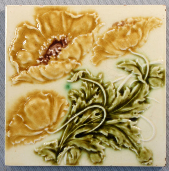 English Art Nouveau Tile Gold Poppies