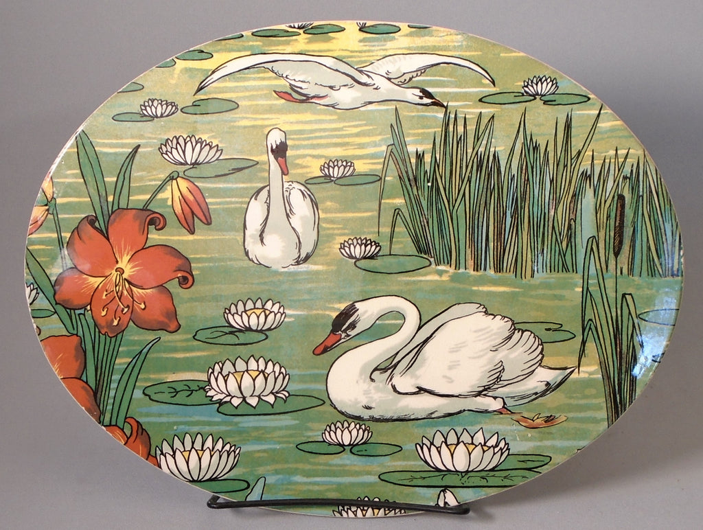 Art Nouveau Tile Platter Swans and Waterlilies Bungalow Bill Antique