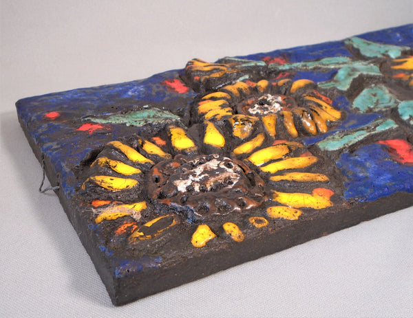 Ruscha Mid Century Modern Wall Tile of Sunflowers, West German Art Pottery Plaque Bungalow Bill Antique