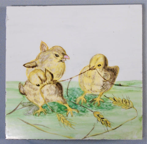 Victorian Era Hand Painted Tile of Baby Chicks Bungalow Bill Antique