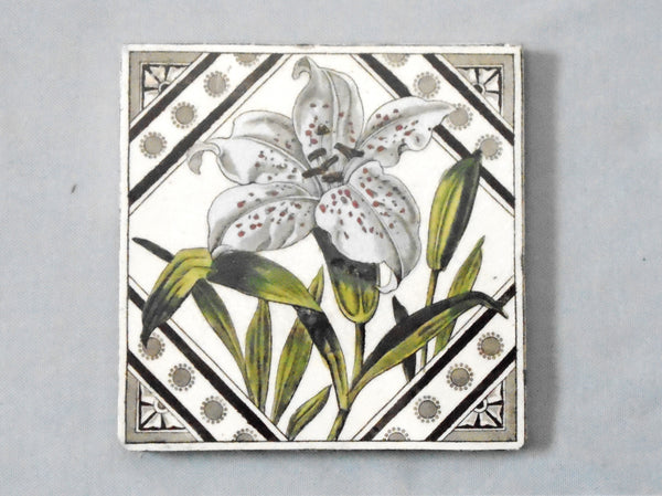 English Victorian Tile with a Pink Tiger Lily Bungalow Bill Antique