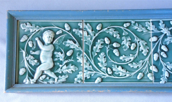 Minton Tile Panel Cherub Carrying Oak and Acorns Bungalow Bill Antique