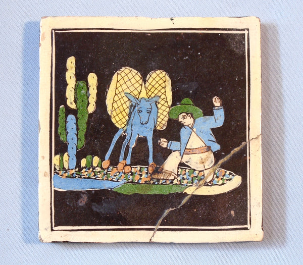 Mexican Tlaquepaque Tile Man and Donkey Bungalow Bill Antique