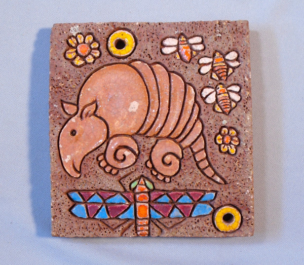American Arts and Crafts Tile of an Armadillo, Bees, and a Dragonfly Bungalow Bill Antiques