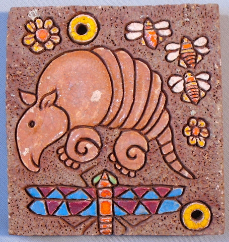 American Arts and Crafts Tile of an Armadillo, Bees, and a Dragonfly Bungalow Bill Antiques