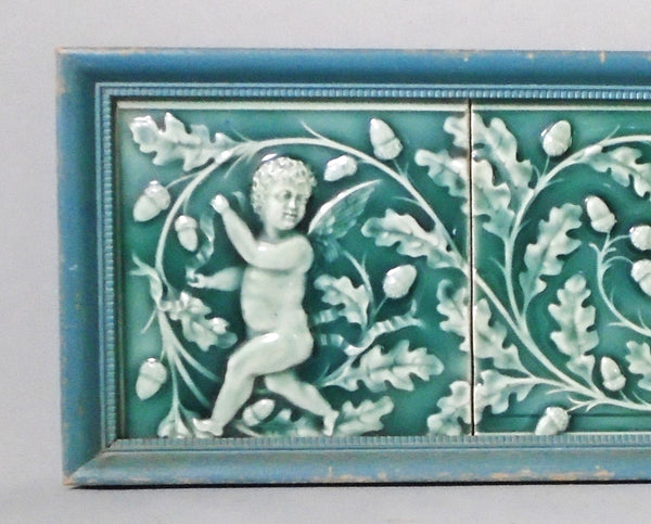 Minton Tile Panel Cherub Carrying Oak and Acorns Bungalow Bill Antique