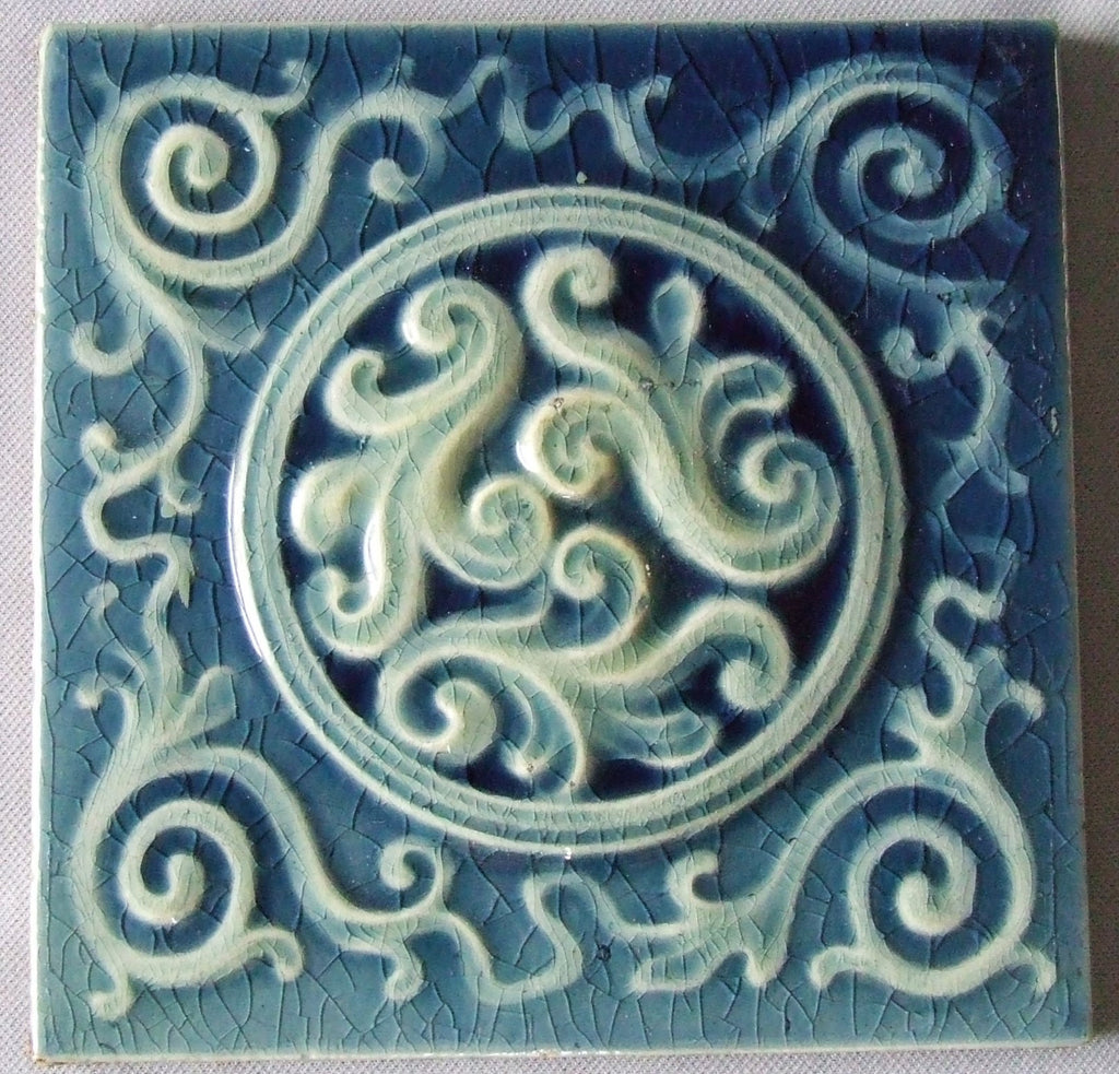 Victorian Blue Majolica Glaze Geometric Tile