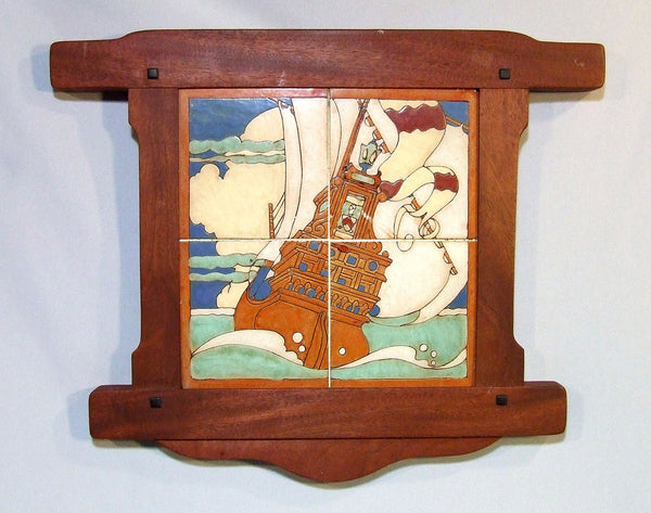 Tropico Gladding McBean Ship Tile Panel in a Mahogany Greene & Greene Style Frame